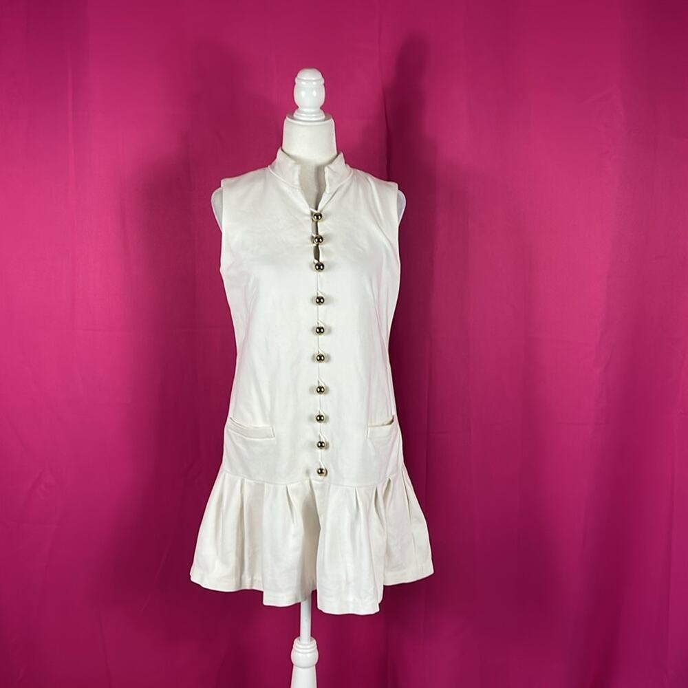 Elizabeth McKay white drop waist and gold button mini dress, size med